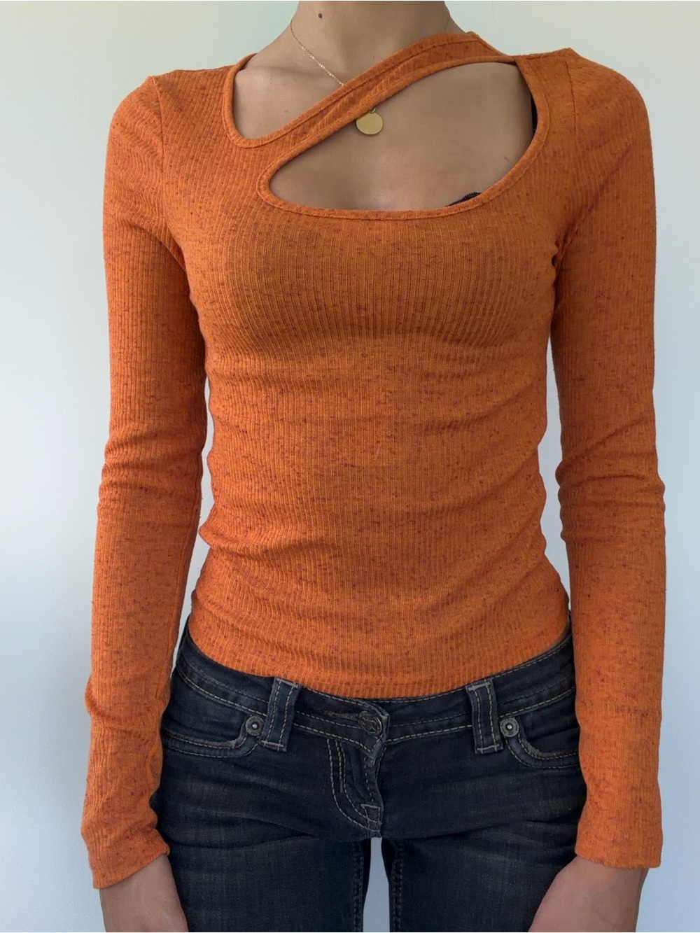 Noisy May Ribbed Cutout Long Sleeve Top in Burnt Orange